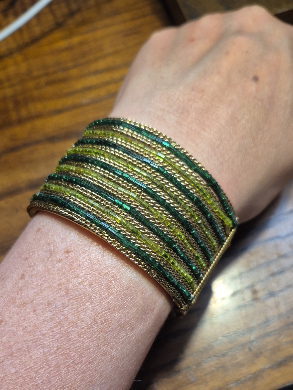 Vintage Y2K Green and Gold Clamper Beaded Cuff Bracelet